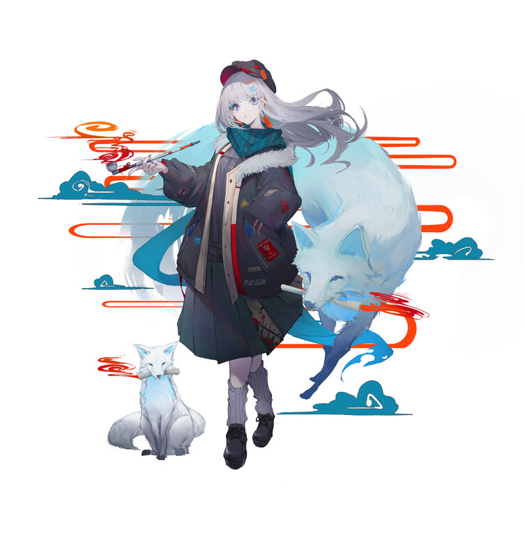 Girl with White Foxes