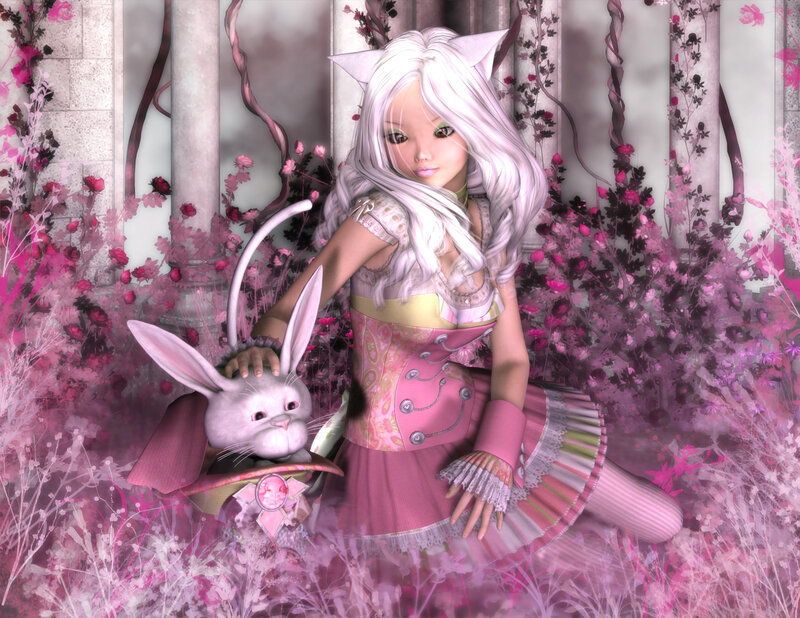Girl with White Hair and Rabbit
