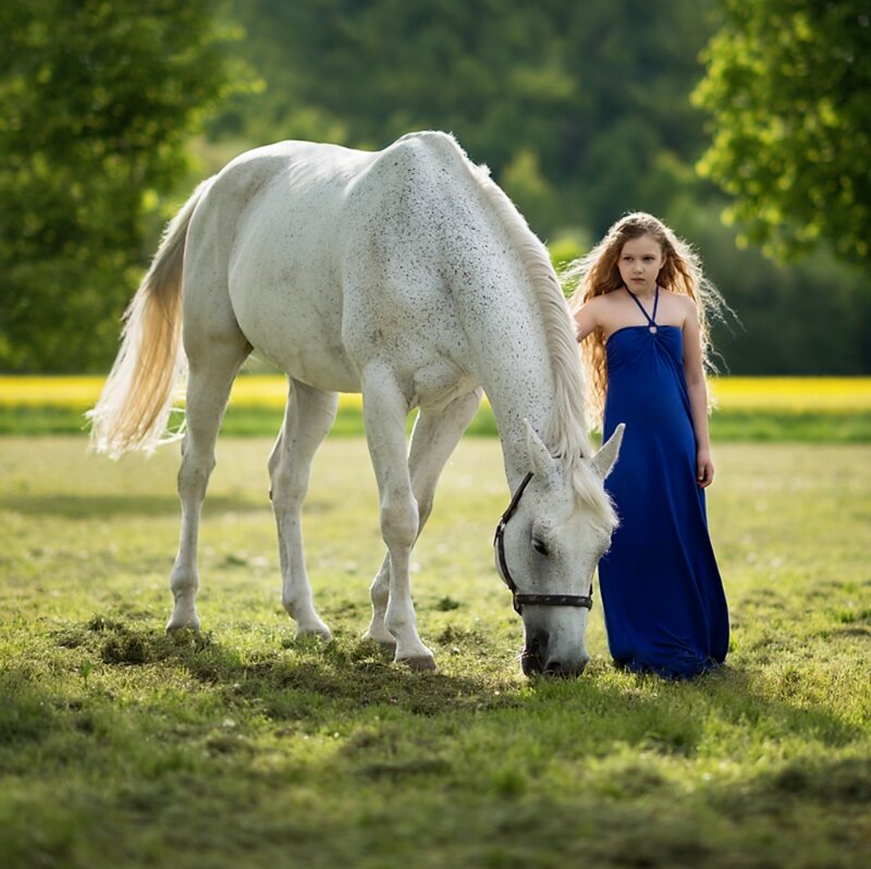 Girl with White Horse — Blue, Serene