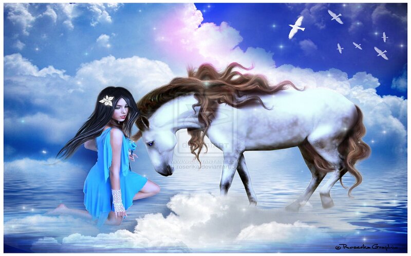 Girl with White Horse — Blue