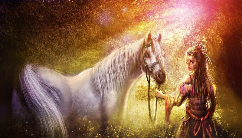 Girl with White Horse — Gold