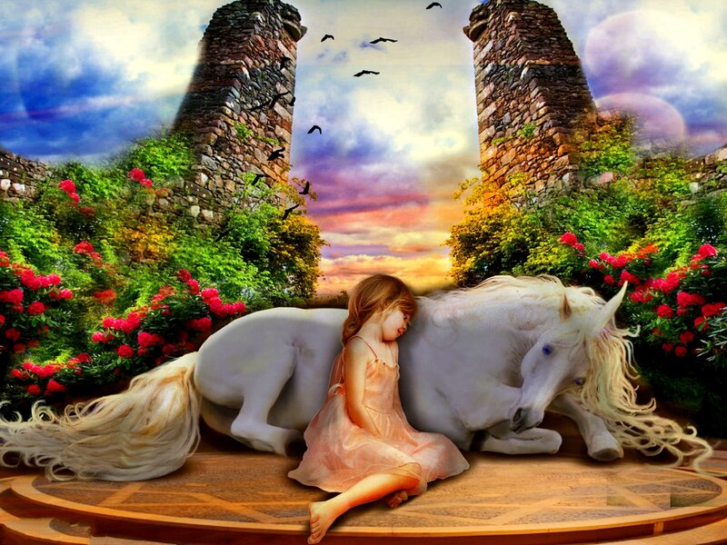 Girl with White Horse — Serene, Sunset, Digital Art