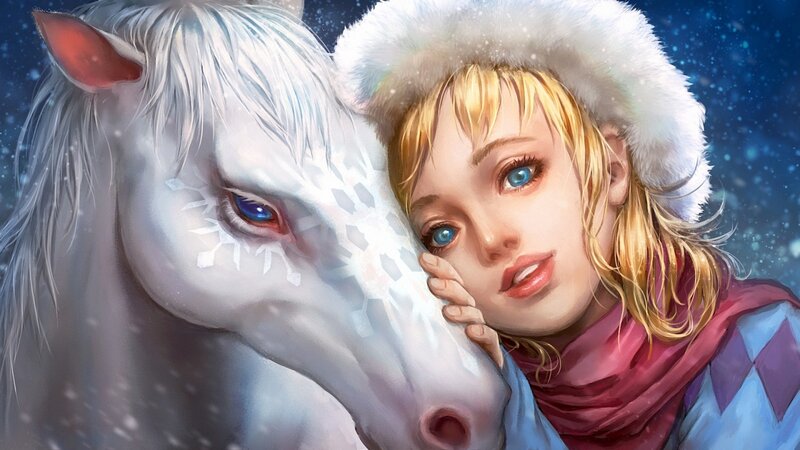 Girl with White Horse — Serene, Winter, Digital Art