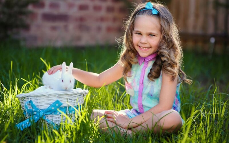 Girl with White Rabbit — Green, Happy
