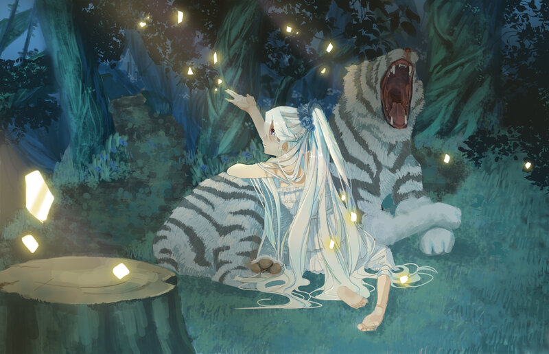 Girl with White Tiger — Blue