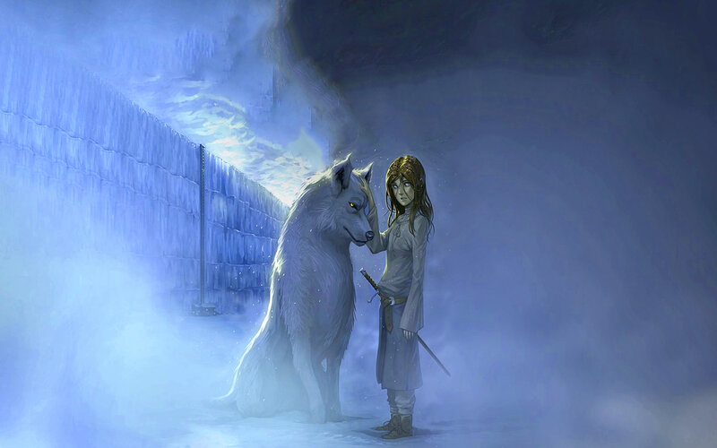 Girl with White Wolf — Blue, Dramatic