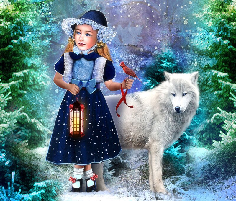 Girl with White Wolf — Blue, Whimsical