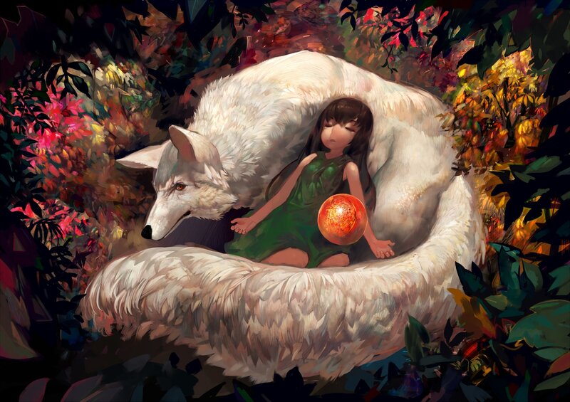 Girl with White Wolf — Green, Serene, Night