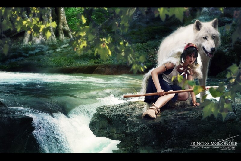 Girl with White Wolf — Green, Serene