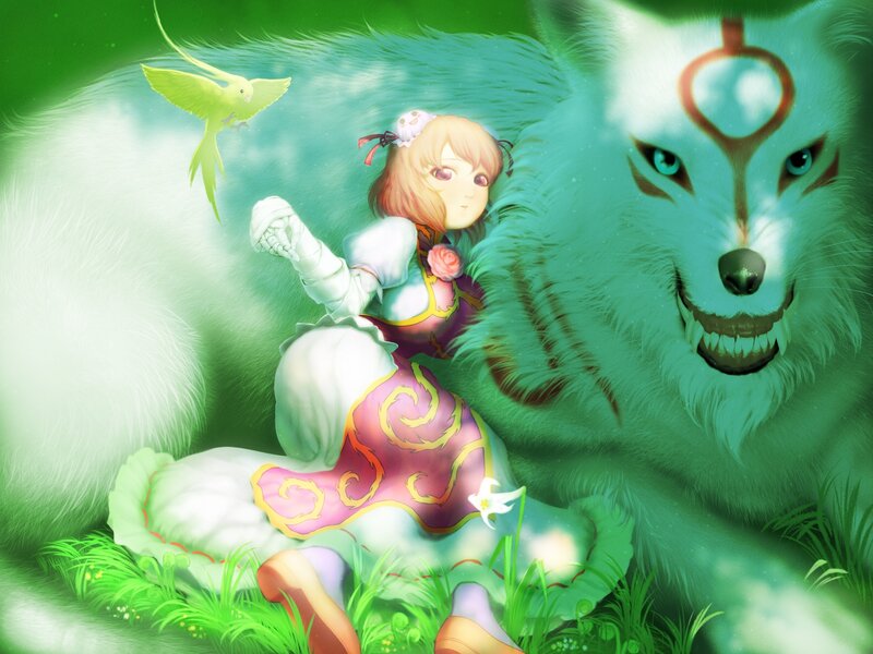 Girl with White Wolf — Green
