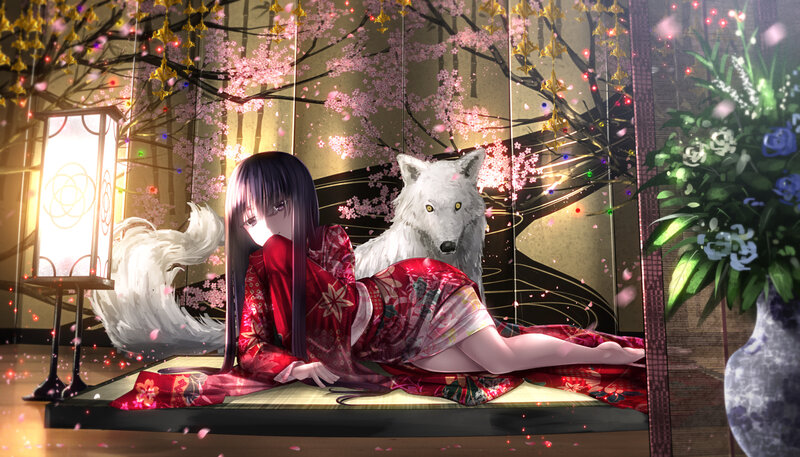 Girl with White Wolf — Red, Serene