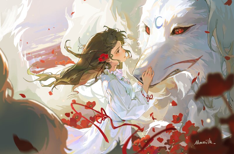 Girl with White Wolf — Serene, Sunset
