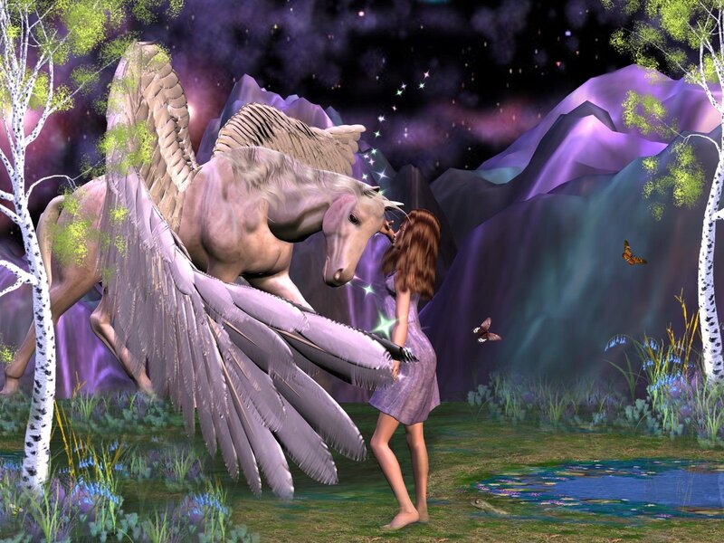 Girl with winged horse in fantasy landscape