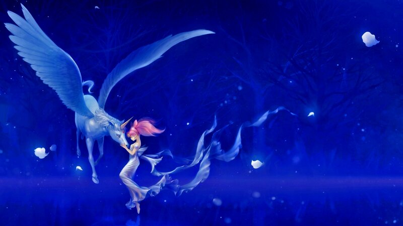 Girl with Winged Unicorn — Blue, Serene, Night