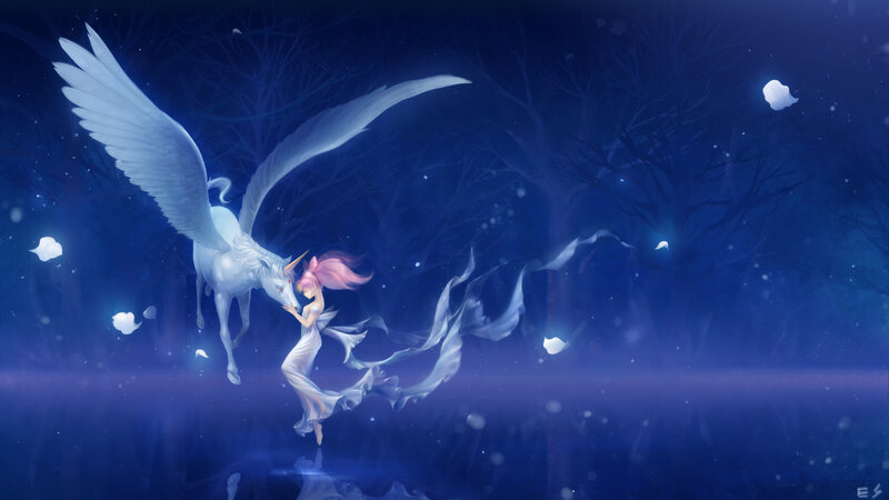 Girl with Winged Unicorn — Blue, Serene