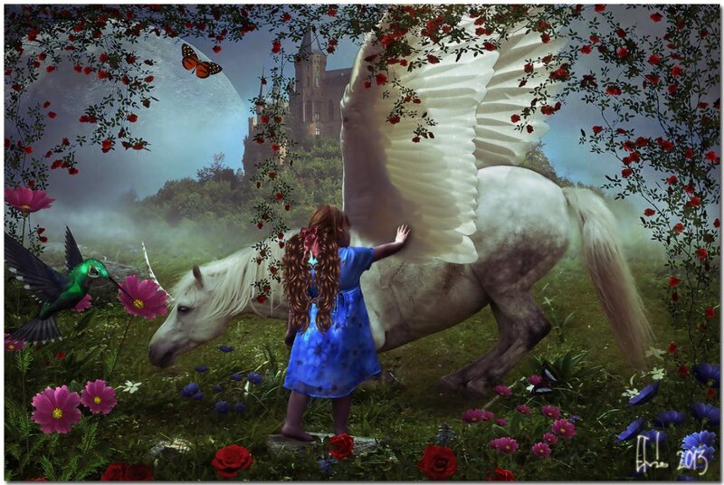 Girl with Winged Unicorn — Blue