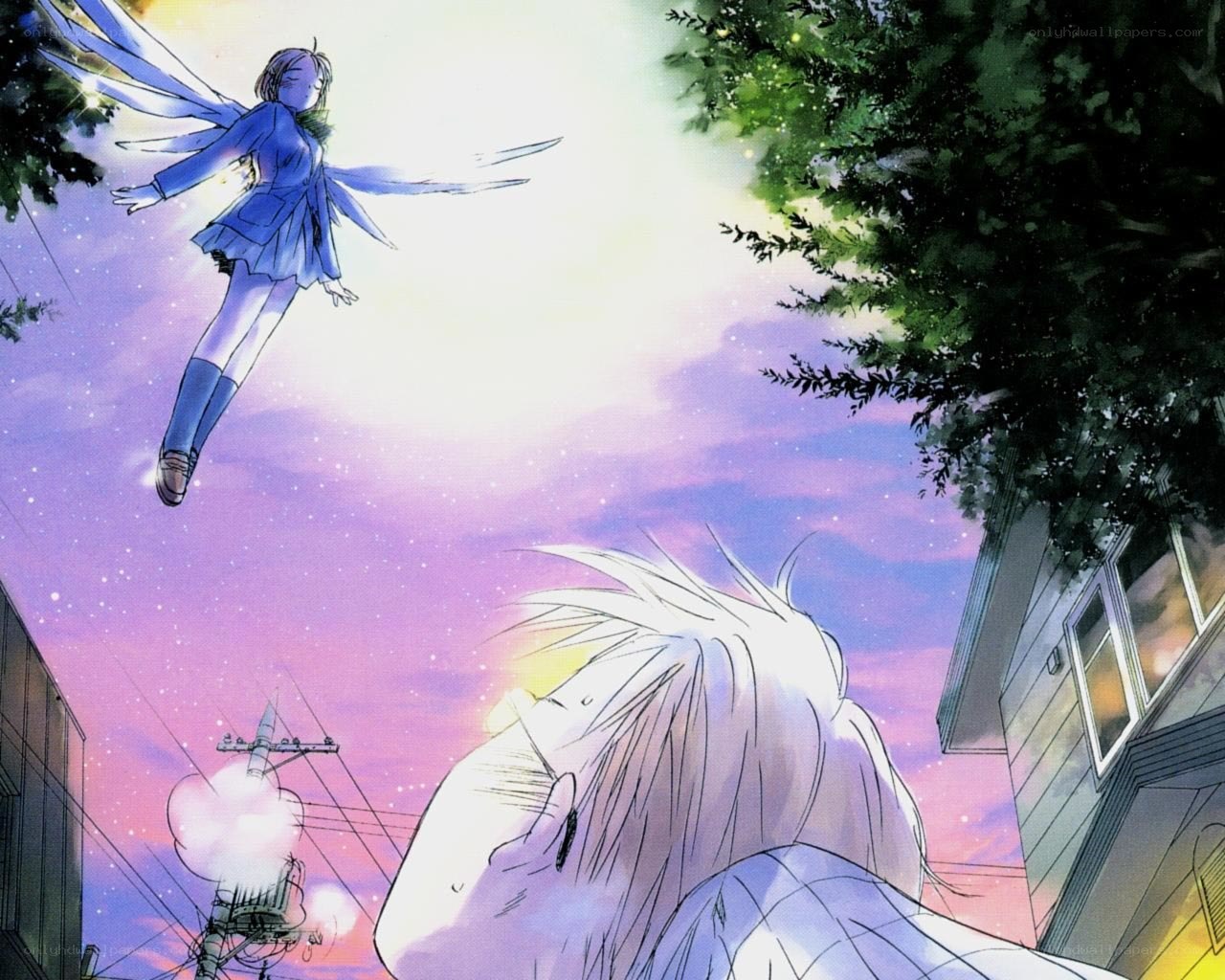 Girl with wings flying above