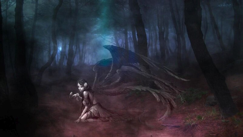 Girl with Wings in Forest — Dark Blue