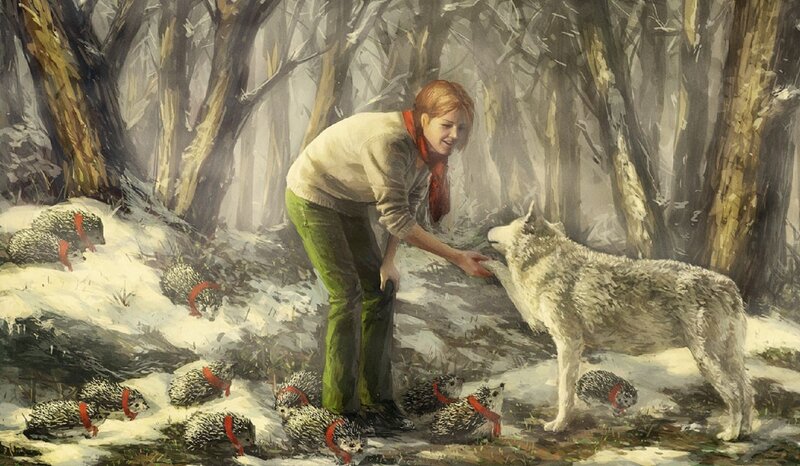 Girl with Wolf and Hedgehogs