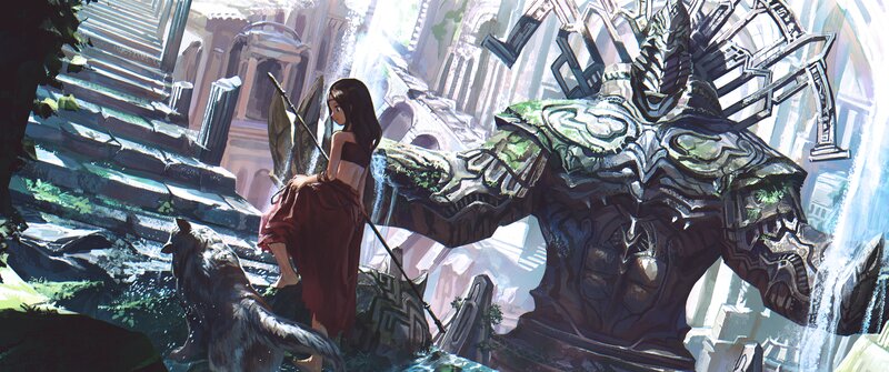 Girl with Wolf and Statue