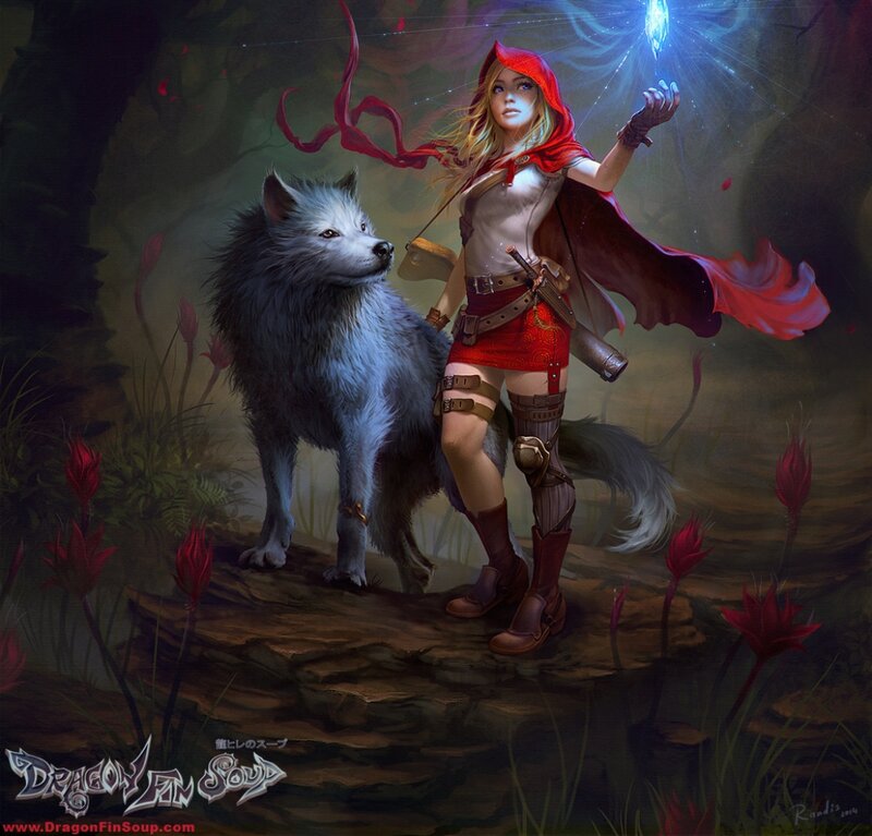Girl with Wolf Companion — Red