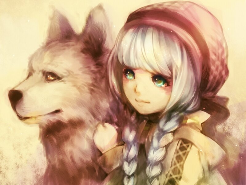 Girl with Wolf Companion — White, Calm