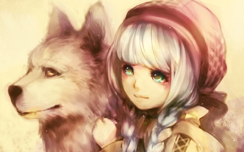Girl with Wolf Companion — White