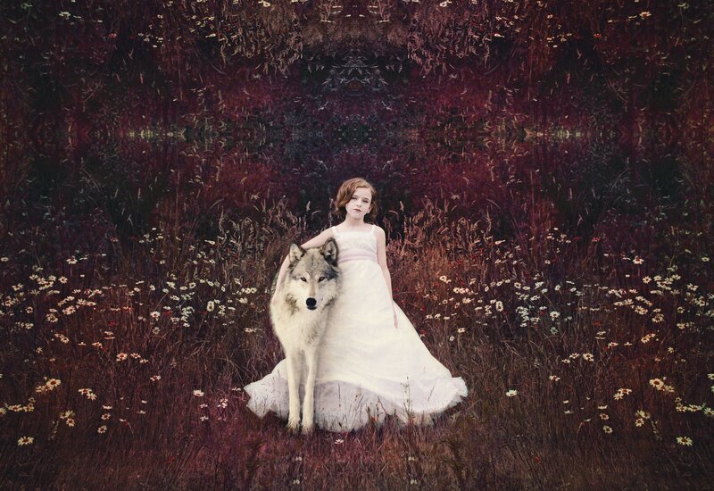 Girl with Wolf in Field