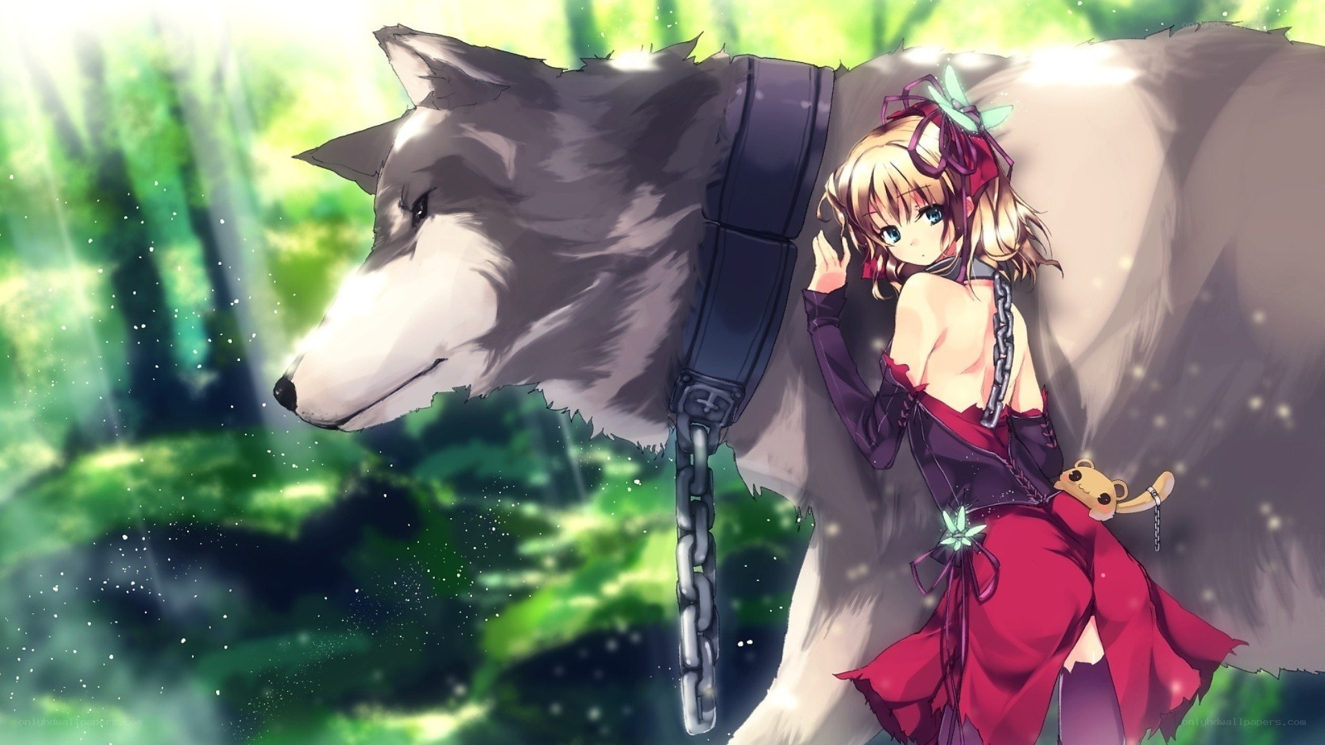 girl with wolf in forest
