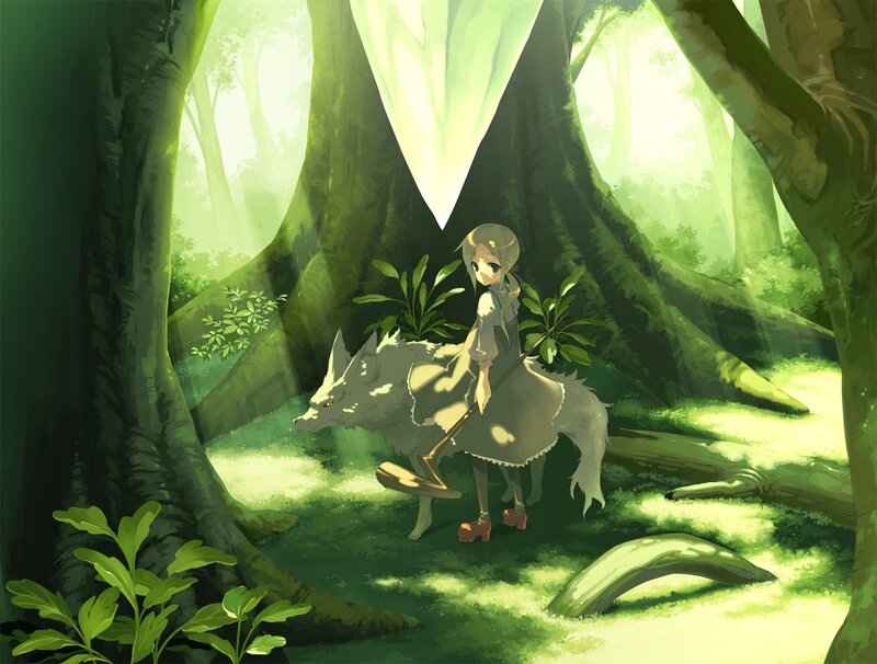 Girl with wolf in forest