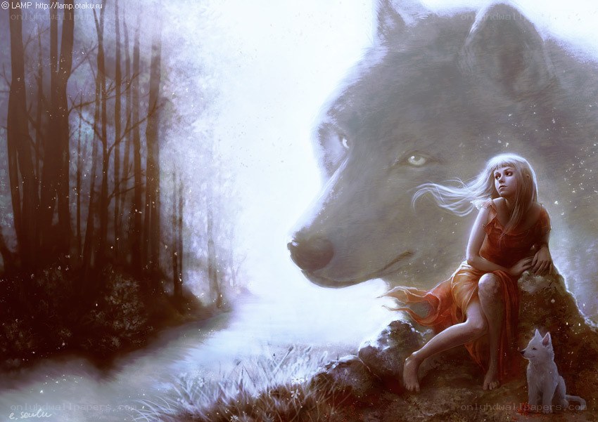 Girl with wolf in forest