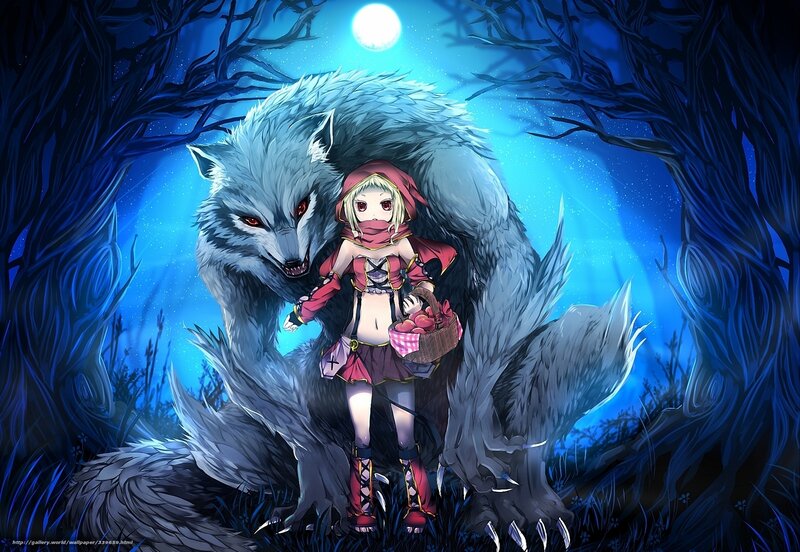 Girl with Wolf in Forest — Blue, Dramatic, Night, Digital Art, Basket, Moon