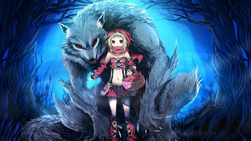 Girl with Wolf in Forest — Blue, Dramatic, Night, Digital Art