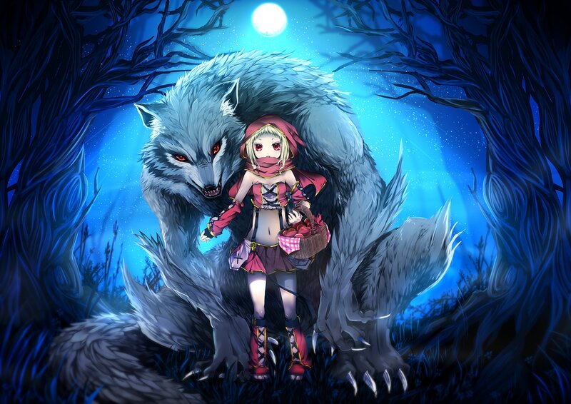 Girl with Wolf in Forest — Blue, Dramatic, Night