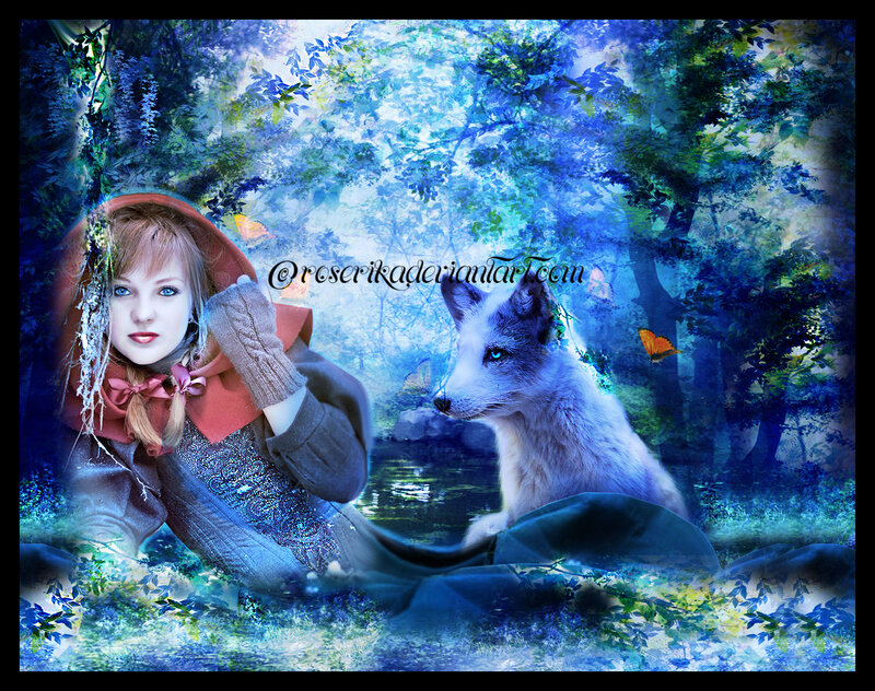 Girl with Wolf in Forest — Blue, Fantasy