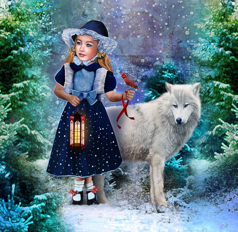 Girl with Wolf in Forest — Blue, Whimsical