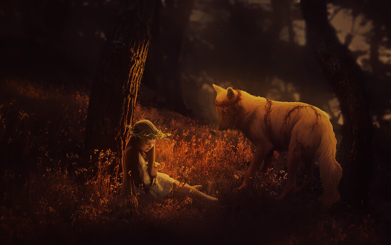 Girl with Wolf in Forest — Brown, Dramatic