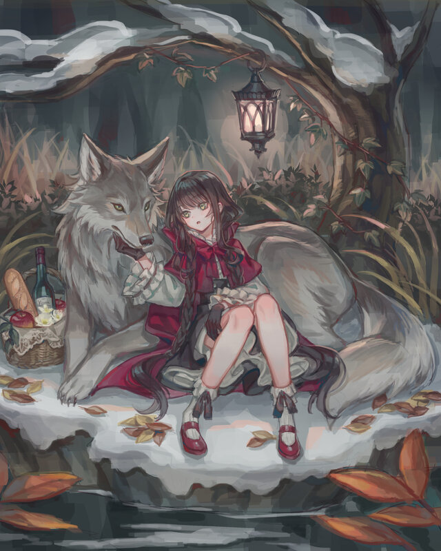 Girl with Wolf in Forest — Gray