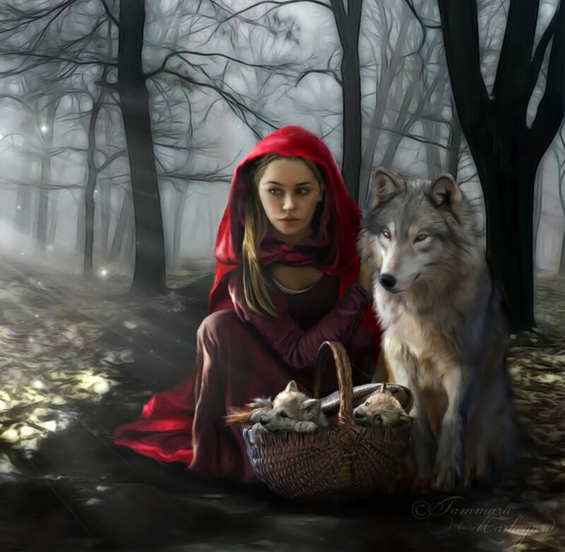 Girl with Wolf in Forest — Red, Dramatic
