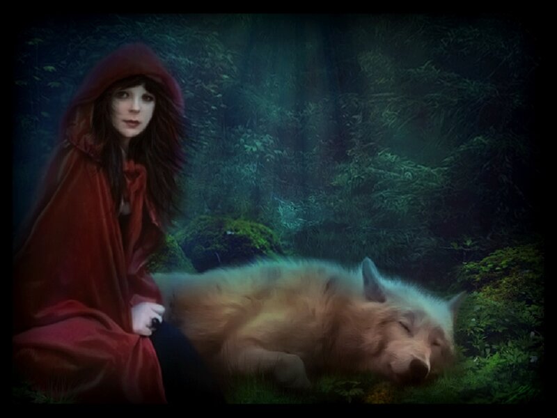 Girl with Wolf in Forest — Red