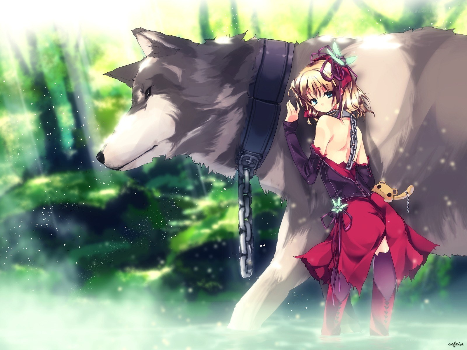 girl with wolf in forest