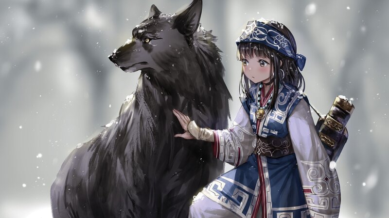 Girl with Wolf in Snow — Blue