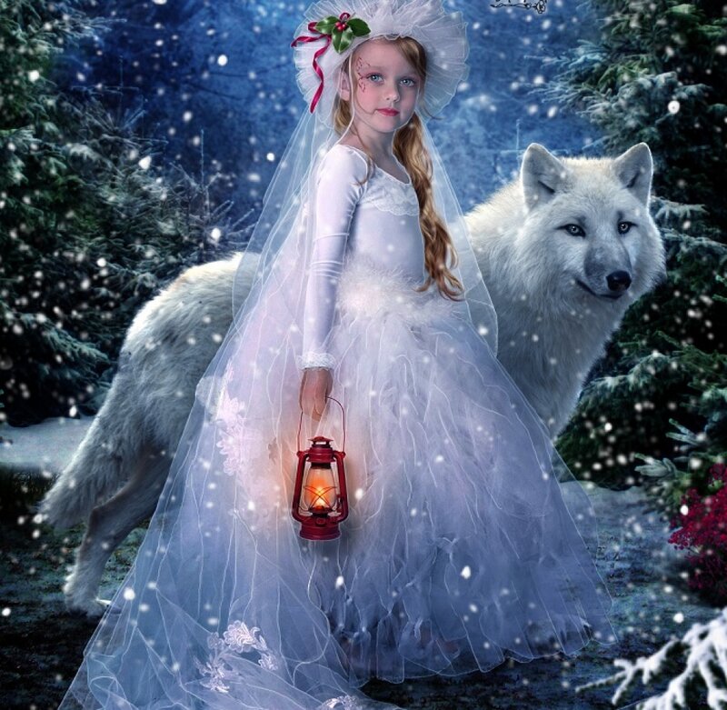 Girl with Wolf in Snow — White, Serene