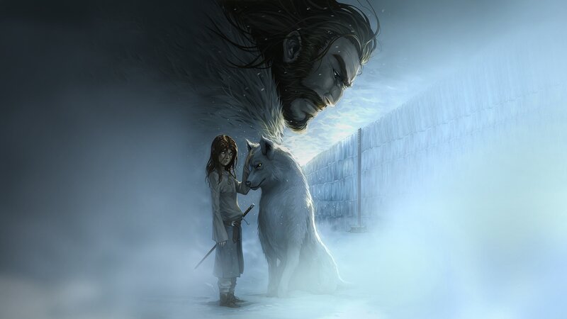 Girl with Wolf in Snow — White