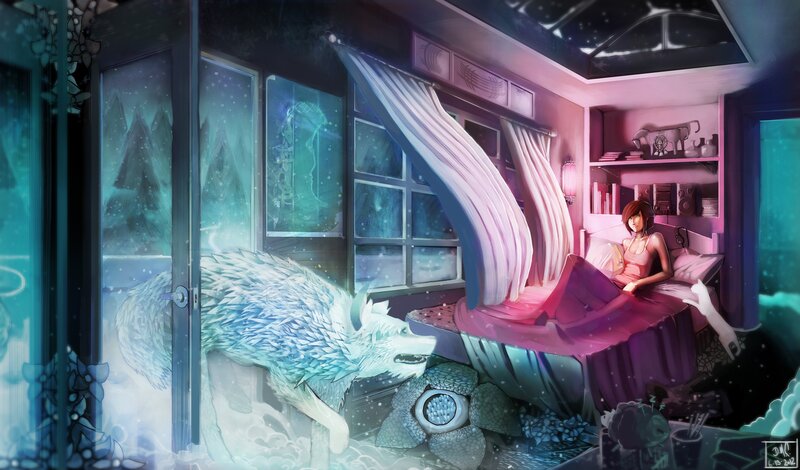 Girl with wolf in snowy room