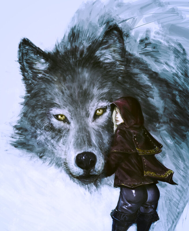 Girl with Wolf — White, Dramatic, Winter