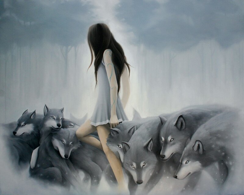 girl with wolves in fog