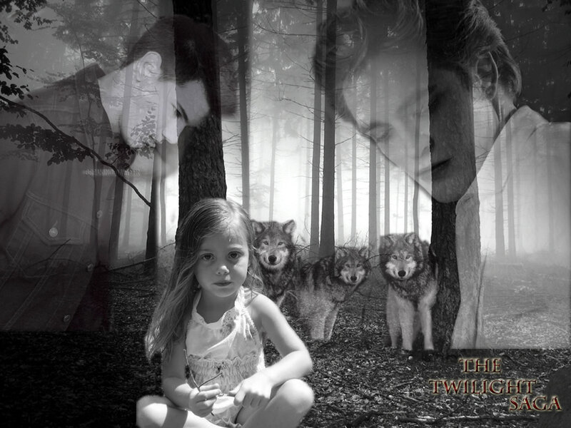 Girl with Wolves in Forest — Black