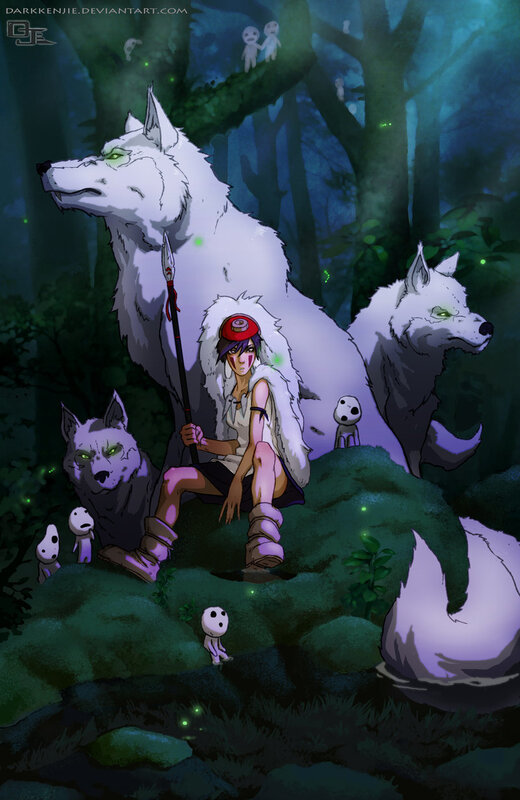 Girl with Wolves in Forest — Green