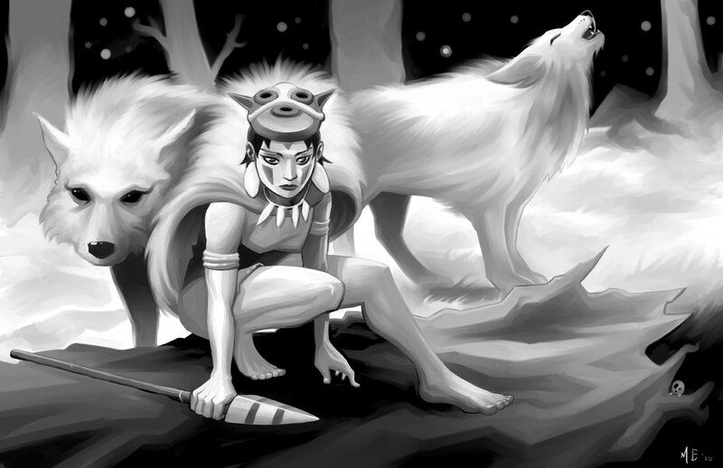 girl with wolves in forest